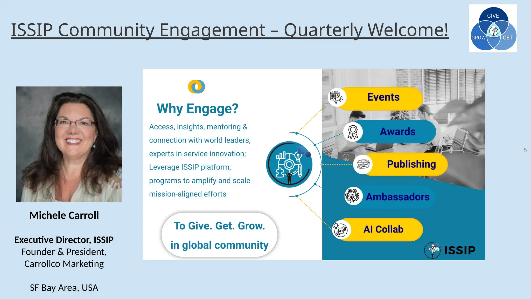 5
ISSIP Community Engagement – Quarterly Welcome!
Michele Carroll
Executive Director, ISSIP
Founder & President,
Carrollco Marketing
SF Bay Area, USA
 