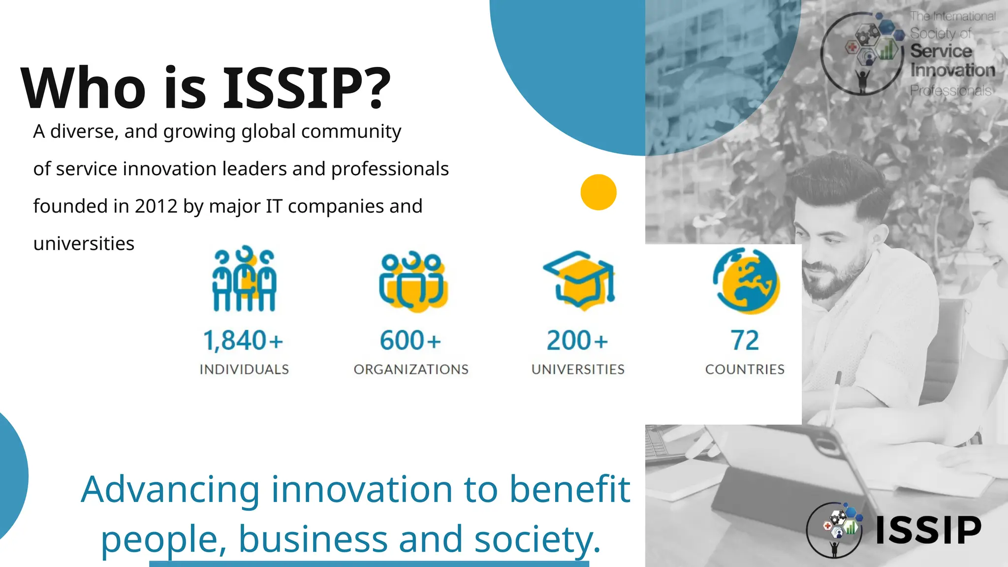 A diverse, and growing global community
of service innovation leaders and professionals
founded in 2012 by major IT companies and
universities
Who is ISSIP?
Advancing innovation to benefit
people, business and society.
 