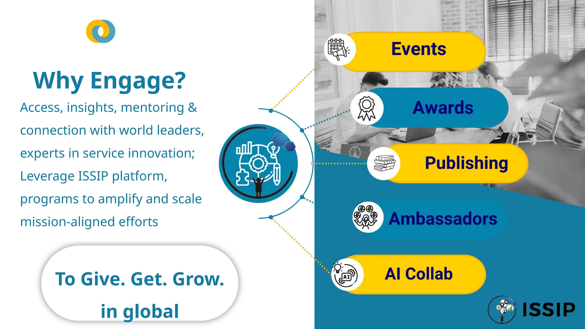 Why Engage?
Access, insights, mentoring &
connection with world leaders,
experts in service innovation;
Leverage ISSIP platform,
programs to amplify and scale
mission-aligned efforts
To Give. Get. Grow.
in global
 