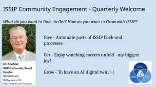 9
ISSIP Community Engagement - Quarterly Welcome
What do you want to Give, to Get? How do you want to Grow with ISSIP?
Jim Spohrer
ISSIP Co-Founder, Board
Director
IBM (Retired)
SF Bay Area, CA
https://linkedin.com/in/spohrer
Give - Automate parts of ISSIP back-end
processes
Get - Enjoy watching careers unfold - my biggest
joy!
Grow - To have an AI digital twin :-)
 