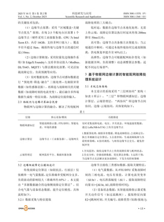 2025 年10 月 第1 卷 第2 期 科技研究与应用
Vol. 1, No. 2, October 2025 Scientific Research and Application
·13·
ISSN 3081-135X（P）
ISSN 3081-1368（O）
的关键技术包括：
（1）边缘节点部署：采用“区域覆盖+关键
节点优先”原则，在每 2-3 个配电台区部署 1 个
边缘节点（硬件采用工业级服务器，CPU 为 Intel
Xeon E3，内存 16GB，支持多网口接入），覆盖
半径不超过 5km，确保终端与边缘节点的通信时
延≤10ms；
（2）
边缘计算框架：采用轻量化边缘操作系
统
（如 EdgeX Foundry）
，
支持多协议接入
（Modbus、
DL/T645、MQTT）与算法模块化部署，可灵活加
载故障定位、负荷预测等应用；
（3）实时数据处理：边缘节点对感知数据进
行“预处理-筛选-融合”三级处理—先剔除异常
数据（如传感器误报），再筛选与故障相关的关键
数据（如故障时刻的电流突变），最后融合多终端
数据生成统一特征向量，为故障定位提供输入。
2.3 物联网与边缘计算融合优势
物联网与边缘计算的融合，解决了传统配网
故障处理的三大痛点：
低时延：数据在边缘节点本地化处理，无需
上传云端，故障定位算法执行时延从传统 200ms
降至 50ms以内；
高可靠：边缘节点具备独立决策能力，当云
端通信中断时，可通过本地终端协同完成故障隔
离，供电恢复率提升至 95%以上；
高弹性：边缘节点可根据配网拓扑变化（如
新能源并网、负荷调整）动态调整算法参数，适
配不同运行场景[8]
。
3 基于物联网边缘计算的智能配网故障处
理系统设计
3.1 系统总体架构
本文设计的系统采用“三层两协同”架构（
如表 1 所示），“三层”即物联网感知层、边缘
计算层、云端管理层，“两协同”即边缘节点间
协同、边缘-云端协同，具体架构如下：
表 1
层级 核心设备/模块 功能描述
物联网感知层
智能故障指示器、FTU/DTU、
智能电
表、环境传感器
实时采集故障电流、电压、开关状态、环境温湿度数据，
通过 LoRa/NB-IoT/5G 上传至边缘节点
边缘计算层 边缘节点（工业服务器）、边缘网关
1.数据预处理：
剔除异常数据，
筛选故障特征；
2.故障定位：
执行多源融合定位算法；3.自愈控制：生成故障隔离与负
荷转移策略；4.协同调度：与相邻边缘节点交互，避免控
制冲突
云端管理层 配网监控平台、数据库服务器
1.全局监控：接收边缘节点上传的故障结果与配网状态；
2.历史分析：存储故障数据，优化算法参数；3.远程干预：
当边缘节点无法解决复杂故障时，下发全局控制策略
3.2 边缘侧故障定位模块设计
传统故障定位算法（如阻抗法、行波法）仅
依赖单一电气量数据，
定位准确率受配网分支多、
负荷波动的影响较大（准确率约 85%）。本文提
出“多源数据融合的边缘侧故障定位算法”，结
合电气量与设备状态数据，提升定位精度，具体
流程如下：
3.2.1 数据采集与特征提取
边缘节点接收三类感知数据，
提取关键特征：
（1）电气量数据：从 FTU/DTU 采集故障时
刻的三相电流、电压有效值，计算电流突变率
（ΔI/Δt）、电压跌落幅度（ΔU），提取故障特征
向量 E1=[ΔI/Δt, ΔU,故障持续时间]；
（2）设备状态数据：
从智能故障指示器采集
开关动作信号（如过流跳闸），提取特征向量
E2=[跳闸时刻，
开关编号，
故障类型
（短路/接地）
]；
 