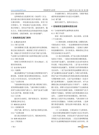 www.scionline2025.com 科技研究与应用 2025 年 10 月 第 1 卷 第 2 期
·70·
2.3.3 液动控制阀
这种阀的动力是液体介质（如油等）压力，
是以液压执行器来实现阀门的开或闭的。液压执
行器有两种，一种是液压缸执行机构，多用于直
行程阀门；另一种是液压马达执行机构，多用于
角行程阀门。其传动平稳可靠，速度易调节，输
出力大，但液压油的状态会因油温的变化引起操
作的困难，且配管麻烦，接口容易渗漏[5]
。
3 控制阀常见阀门附件
3.1 反馈控制类附件
3.1.1 阀门定位器
实时调整阀门位置，
通过阀位闭环反馈检测，
修正执行机构动作，确保阀门开度与控制信号一
致。按输入信号的类型可分为电气阀门定位器、
气动阀门定位器和目前主流的智能式阀门定位器。
3.1.2 阀位变送器
将阀门行程转换为电信号（如 4-20mA），反
馈至控制系统。
3.2 安全保护类附件
3.2.1 电磁阀
通过线圈得电产生的电磁力和弹簧复位使气
路切换，实现阀门紧急切断或切换状态。从动作
方式上可分有直动式、先导式和反冲型。
3.2.2 气动保位阀
气源故障时锁定执行器气路，
维持阀门原位。
采用弹簧加载膜片结构，气源中断时关闭膜片，
封闭气动执行机构气源入口，保持气缸或气动膜
头内力的平衡，维持阀门位置。
3.2.3 安全阀
超压时自动泄压，保护系统安全。按结构分
有弹簧式和先导式。
3.3 辅助优化类附件
3.3.1 过滤减压阀
净化气源、调节压力，
保护执行器和定位器。
3.3.2 气动继动器
放大执行机构的气压信号，缩短响应时间。
3.4 特殊功能类附件
3.4.1 手轮机构
手动操作阀门，替代自动控制。当维护调试
或控制系统故障时可以进行应急操作。
3.4.2 储气罐
储存压缩空气，提供应急动力。
4 控制阀常见故障和原因分析
4.1 气动控制阀常见故障现象及原因
4.1.1 阀门不动作
原因一般可从阀体部件、执行机构、定位器
三个方面分析。
（1）
阀体故障：
该现象较普遍。
以蝶阀为例，
可能包括以下原因。一是金属阀座损坏而导致阀
体被卡住；二是固定插销脱落；三是阀芯与阀杆
间连接螺栓滑丝，其可表现为，阀轴看似已经动
作但实际阀芯并未动作[6]
。
（2）执行机构故障：
对气缸式执行机构通常
包括以下原因。一是执行机构因限位螺栓脱落，
从而导致气缸漏气，进而使阀门无法动作或者动
作迟缓，不能达到预定开度；二是气缸 O 形密封
环被损坏而造成漏气，使得阀门动作困难或根本
无法动作；三是气缸活塞变形造成摩擦力增大以
及气缸螺栓松动造成气缸漏气，
令阀门动作困难；
四是气缸中带动阀体动作的联动机构出现松脱或
生锈影响阀门动作；五是气缸容量偏小（也是可
能气缸弹簧故障），造成阀门难以动作。对气动
薄膜式执行机构通常包括以下原因[7]
。一是膜头
膜片老化、弹簧与托盘长时间磨损产生金属屑或
气源中有杂质导致膜片破损，可观察到排气孔不
间断有气体漏出，使得阀门动作困难或根本无法
动作；二是推杆导向环密封圈老化、推杆变形、
推杆加工安装不同心导致磨损，气体从推杆与导
向环结合位置漏出，令得阀门动作困难；三是弹
簧生锈老化断裂，使用过程中阀位震荡，阀门无
法自动复位。
（3）定位器故障：主要包括以下几种原因。
一是定位器电路板故障可引起阀门无法正常动作；
二是恒节流孔堵塞，多因仪表空气清洁度不高或
异物进入定位器内部造成；三是定位器喷嘴挡板
配合不良或喷嘴挡板损坏导致阀门动作异常；四
 