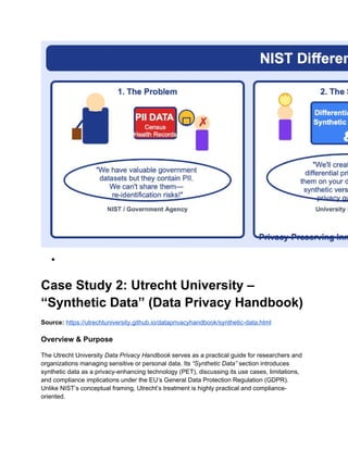 ●
Case Study 2: Utrecht University –
“Synthetic Data” (Data Privacy Handbook)
Source: https://utrechtuniversity.github.io/dataprivacyhandbook/synthetic-data.html
Overview & Purpose
The Utrecht University Data Privacy Handbook serves as a practical guide for researchers and
organizations managing sensitive or personal data. Its “Synthetic Data” section introduces
synthetic data as a privacy-enhancing technology (PET), discussing its use cases, limitations,
and compliance implications under the EU’s General Data Protection Regulation (GDPR).
Unlike NIST’s conceptual framing, Utrecht’s treatment is highly practical and compliance-
oriented.
 