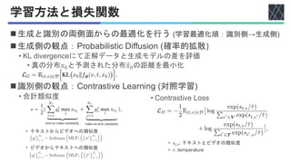 学習方法と損失関数
◼生成と識別の両側面からの最適化を行う (学習最適化順：識別側→生成側)
◼生成側の観点：Probabilistic Diffusion (確率的拡散)
• KL divergenceにて正解データと生成モデルの差を評価
• 真の分布𝑥0と予測された分布ො
𝑥0の距離を最小化
◼識別側の観点：Contrastive Learning (対照学習)
• 合計類似度
• テキストからビデオへの類似度
• ビデオからテキストへの類似度
• Contrastive Loss
• 𝑠𝑡,𝑣: テキストとビデオの類似度
• 𝜏: temperature
 