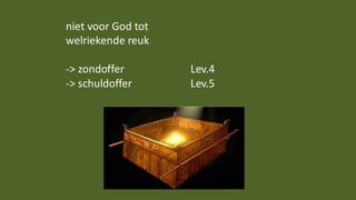 niet voor God tot
welriekende reuk
-> zondoffer Lev.4
-> schuldoffer Lev.5
 