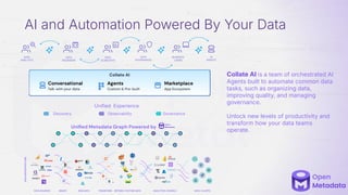 AI and Automation Powered By Your Data
Collate AI is a team of orchestrated AI
Agents built to automate common data
tasks, such as organizing data,
improving quality, and managing
governance.
Unlock new levels of productivity and
transform how your data teams
operate.
DATA
ANALYSTS
DATA
ENGINEERS
BUSINESS
USERS
DATA
SCIENTISTS
DATA
GOVERNANCE
Governance
Uniﬁed Metadata Graph Powered by
Discovery Observability
Unified Experience
AI
AGENTS
INGEST TRANSFORM
RAW DATA REFINED / FEATURE DATA ANALYTICS / MODELS DATA / AI APPS
DATA SOURCES
DATA
INFRASTRUCTURE
 