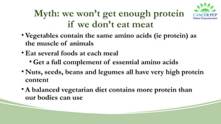 Myth: we won’t get enough protein
if we don’t eat meat
• Vegetables contain the same amino acids (ie protein) as
the muscle of animals
• Eat several foods at each meal
• Get a full complement of essential amino acids
• Nuts, seeds, beans and legumes all have very high protein
content
• A balanced vegetarian diet contains more protein than
our bodies can use
 