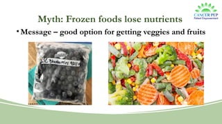 Myth: Frozen foods lose nutrients
•Message – good option for getting veggies and fruits
 