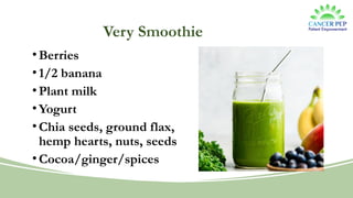 Very Smoothie
•Berries
•1/2 banana
•Plant milk
•Yogurt
•Chia seeds, ground flax,
hemp hearts, nuts, seeds
•Cocoa/ginger/spices
 