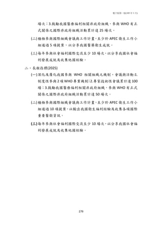 電子版第一版(105 年 1 月)
279
場次；3.鼓勵我國醫療福利相關非政府組織，參與 WHO 有正
式關係之國際非政府組織活動累計達 25 場次。
(二)積極參與國際組織會議與工作計畫，至少於 APEC 衛生工作小
組通過 5 項提案，以分享我國醫藥衛生成就。
(三)每年參與社會福利國際交流至少 10 場次，以分享我國社會福
利發展成就及收集他國經驗。
二、長程指標(2025)
(一)深化及廣化我國參與 WHO 相關組織之機制、會議與活動:1.
制度性參與 2項 WHO 專業機制；2.專家技術性會議累計達 100
場；3.鼓勵我國醫療福利相關非政府組織，參與 WHO 有正式
關係之國際非政府組織活動累計達 50 場次。
(二)積極參與國際組織會議與工作計畫，至少於 APEC 衛生工作小
組通過 10 項提案，以輸出我國衛生福利經驗及收集各項國際
重要醫衛資訊。
(三)每年參與社會福利國際交流至少 10 場次，以分享我國社會福
利發展成就及收集他國經驗。
 