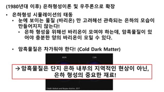 (1980년대 이후) 은하형성이론 및 우주론으로 확장
• 은하형성 시뮬레이션의 태동
• 눈에 보이는 물질 (바리온) 만 고려해선 관측되는 은하의 모습이
만들어지지 않는다!
• 은하 형성을 위해선 바리온이 모여야 하는데, 암흑물질이 있
어야 충분한 양의 바리온이 모일 수 있다.
• 암흑물질은 차가워야 한다! (Cold Dark Matter)
→암흑물질은 단지 은하 내부의 지역적인 현상이 아닌,
은하 형성의 중요한 재료!
Credit: Bullock and Boylan-Kolchin, 2017
 