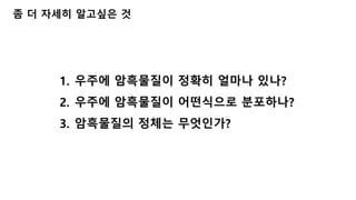 좀 더 자세히 알고싶은 것
1. 우주에 암흑물질이 정확히 얼마나 있나?
2. 우주에 암흑물질이 어떤식으로 분포하나?
3. 암흑물질의 정체는 무엇인가?
 