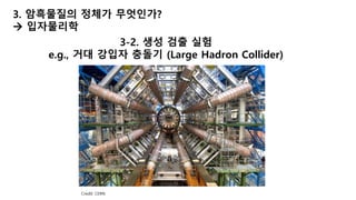 3. 암흑물질의 정체가 무엇인가?
→ 입자물리학
3-2. 생성 검출 실험
e.g., 거대 강입자 충돌기 (Large Hadron Collider)
Credit: CERN
 