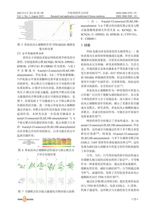 2025 年8 月 第1 卷 第1 期 中医药研究与应用 ISSN 3080-7670（P）
Vol. 1, No. 1, August 2025 Research and application of traditional Chinese medicine ISSN 3080-7689（O）
·23·
图 5 养血祛风止痛颗粒作用 TTH KEGG 通路富
集分析结果
2.5 分子对接结果分析
采用分子对接技术验证网络药理学研究的可
靠性，
分别选取核心靶 KCNQ2、
SCN2A、
EPHX2、
HTR1B、CYP17A1 和 CHRM1 作为受体，与表 1
中 关 键 成 分 4-acetyl-12-senecioyl-2E,8Z,10E-
atractylentriol、华良姜素、3,9-二甲氧基紫檀碱、
7-甲氧基-2-甲基异黄酮和汉黄芩素分别进行分子
对接研究。核心靶点与关键成分分子对接的计算
结果如图 6。
计算评分均为负值，
其绝对值越大证
明分子-靶点结合能力越强，
选择每个靶点结合能
力最强的化合物及靶点进行可视化结果输出，见
图 7。结果发现 5 个关键成分与 6 个核心靶点均
有最好的结合能，进一步提示养血祛风止痛颗粒
通过多成分、
多靶点协同作用在临床 TTH 治疗中
起到作用。本研究还进一步发现关键成分 4-
acetyl-12-senecioyl-2E,8Z,10E-atractylentriol 与 6
个核心靶点均有最好的结合能，提示来源于白术
的 4-acetyl-12-senecioyl-2E,8Z,10E-atractylentriol
具有多靶点共同作用的特点，白术可能在药方中
起到关键作用。
图 6 养血祛风止痛颗粒活性成分与核心靶点分
子评分对接结果
图 7 关键靶点结合能力最强化合物对接示意图
（ 注 ： 4-acetyl-12-senecioyl-2E,8Z,10E-
atractylentriol 与 6 个靶点的对接结果示意及与靶
点氨基酸残基相互作用关系 A：KCNQ2；B：
SCN2A；
C：
EPHX2；
D：
HTR1B；
E：
CYP17A1；
F：CHRM1）
3 讨论
TTH 是最为常见的原发性头痛类型之一，临
床表现为头部的持续钝痛或压迫感，伴有头部紧
绷感和局部肌肉紧张。尽管其具体的病因和发病
机制尚未完全明确，研究表明情绪压力、生活方
式、环境因素以及体内激素水平等因素可能与其
发生密切相关[16]
。
目前，
治疗 TTH 的主要方法包
括 NSAIDs 和镇痛药等药物，但这些药物在长期
使用中可能产生副作用，且效果有限，因此迫切
需要寻找新的、安全的治疗方法[17]
。
养血祛风止痛颗粒作为一种传统的中药复方，
已经被广泛应用于缓解头痛的临床治疗。本文基
于网络药理学与分子对接技术，深入探讨了养血
祛风止痛颗粒的作用机制，揭示了其潜在的关键
成分及靶点。研究表明，养血祛风止痛颗粒通过
多靶点、多成分的协同作用，可能在治疗疾病中
发挥重要作用[18]
。
网络药理学分析揭示了养血性成分，如 14-
acetyl-12-senecioyl-2E,8Z,10E-atractylentriol、
华良
姜素等，这些成分可能通过作用于多个靶点来发
挥治疗效果[19]
。特别是 14-acetyl-12-senecioyl-
2E,8Z,10E-atractylentriol，与多个头痛相关靶点如
COX-2、5-HT 受体等有着较强的亲和力[20]
。这些
发现为我们深入理解该中药复方的作用机制提供
了科学依据。
川芎、当归、白芍等传统药材中的活性成分
在缓解头痛方面的功效也得到了验证[21]
。川芎嗪
作为一种重要的活性成分，通过改善血液循环、
缓解血管痉挛，减轻头痛症状[22]
；白芍则通过调
节肝气、疏通经络，发挥了共同促进养血祛风止
痛颗粒在治疗 TTH 中的疗效[23]
。
通过化合物-靶点网络分析，
我们发现养血祛
风与 TTH 相关的靶点，包括 COX-2、β-受体、
钙离子通道等。这些靶点与头痛的发生有着密切
 