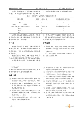 www.scionline2025.com 中医药研究与应用 2025 年 8 月 第 1 卷 第 1 期
·38·
试验结果可以看出，采用低速离心集菌薄膜
过滤法，枯草芽孢杆菌的回收率都达到了 70%以
上，此法可以检测呼很 17 味丸中污染的细菌。
表 12 呼很 17 味丸控制菌方法验证实验结果
大肠埃希菌 试验组（大肠埃希菌） 阴性菌对照组（金葡菌）
BL + -
MUG 靛基质 + + - -
大肠埃希菌：胆盐乳糖发酵培养基 试验组（大肠埃希菌） 阴性菌对照组（金葡菌）
10（-1） + -
10（-2） + -
10（-3） + -
试验组检出大肠埃希菌与大肠菌群，阴性菌
对照组均未检出金黄色葡萄球菌。用常规法可以
检出大肠埃希菌、大肠菌群。
3 讨论
根据验证试验结果，确立了沙棘口服液细菌
数测定用常规法、额勒更口服液细菌数测定用培
养基稀释法，呼很 17 味丸细菌数测定用离心-薄
膜过滤法。
根据试验结果，确立了沙棘口服液、呼很 17
味丸、
额勒更口服液的控制菌检查方法为常规法。
培养基稀释法不适用于含强抑菌成分（如黄
连、黄芪、红花等）的蒙药。根据研究结果，对
于具有强抑菌作用的药品，
采用离心-稀释法和离
心-薄膜过滤法进行微生物限度检查。
参考文献
[1] 尹桂华. 明目二十五味丸等五味中蒙成药微生物限
度检查的方法验证[J]. 医学信息（中旬刊）,2010,5
(2):331-333.
[2] 国家药典委员会.《中国药典》
（2020 年版）北
京：化学工业出版社.2020.
（上接第 28 页）
医健康知识能更出色地契合公众健康需求，推动
传统文化在现代社会实现创造性转化。
参考文献
[1] 陶艳,唐欢欢,陈安妮,等.湖南省中医医院健康科普传
播的现状与对策[J].中医药导报,2023,29(07):217-221.
[2] 刘新艳.基于 SACRE 模型的融媒体时代医学学术期
刊 健 康 科普 传 播优 化 策略[J]. 中 国科 技 期刊 研
究,2025,36(07):915-925.
[3] 包红琼.人类卫生健康共同体视域下中医药文化国
际传播的理路探赜[J].锦州医科大学学报(社会科学
版),2025,23(04):58-62+66.
[4] 罗玉洁.基于健康传播视角的中医养生电视节目探
讨[J].采写编,2023,33(06):101-103.
[5] 殷鸣,金钊.从
“权健事件”看中医被误解的现状与出
路[J].医学争鸣,2020,11(03):76-79.
[6] 卜俊.中医"治未病"健康管理理念在中医科患者护理
中的应用实践[J].中外医学研究杂志,2024(12).
[7] 田千仟,杨建琼,薛宇彤.中医药及传统疗法在社区健康
管理中的应用体会[J].四川中医,2022,40(10):221-222.
[8] 陈巧莉,舒卫群,陈佳岭.
“五位一体”
中医健康管理在
神经内科患者中的应用[J].中医药管理杂志,2023,31
(2):186-188.
[9] 余银燕.“治未病”健康管理在中医妇科护理中的实
践[J].中医药管理杂志,2022(013):030.
[10] 周士博,黄赣英.信息化时代面向大众传播中医药健
康科普文化的策略探讨[J].中医药管理杂志,2024,32
(18):154-156.
 