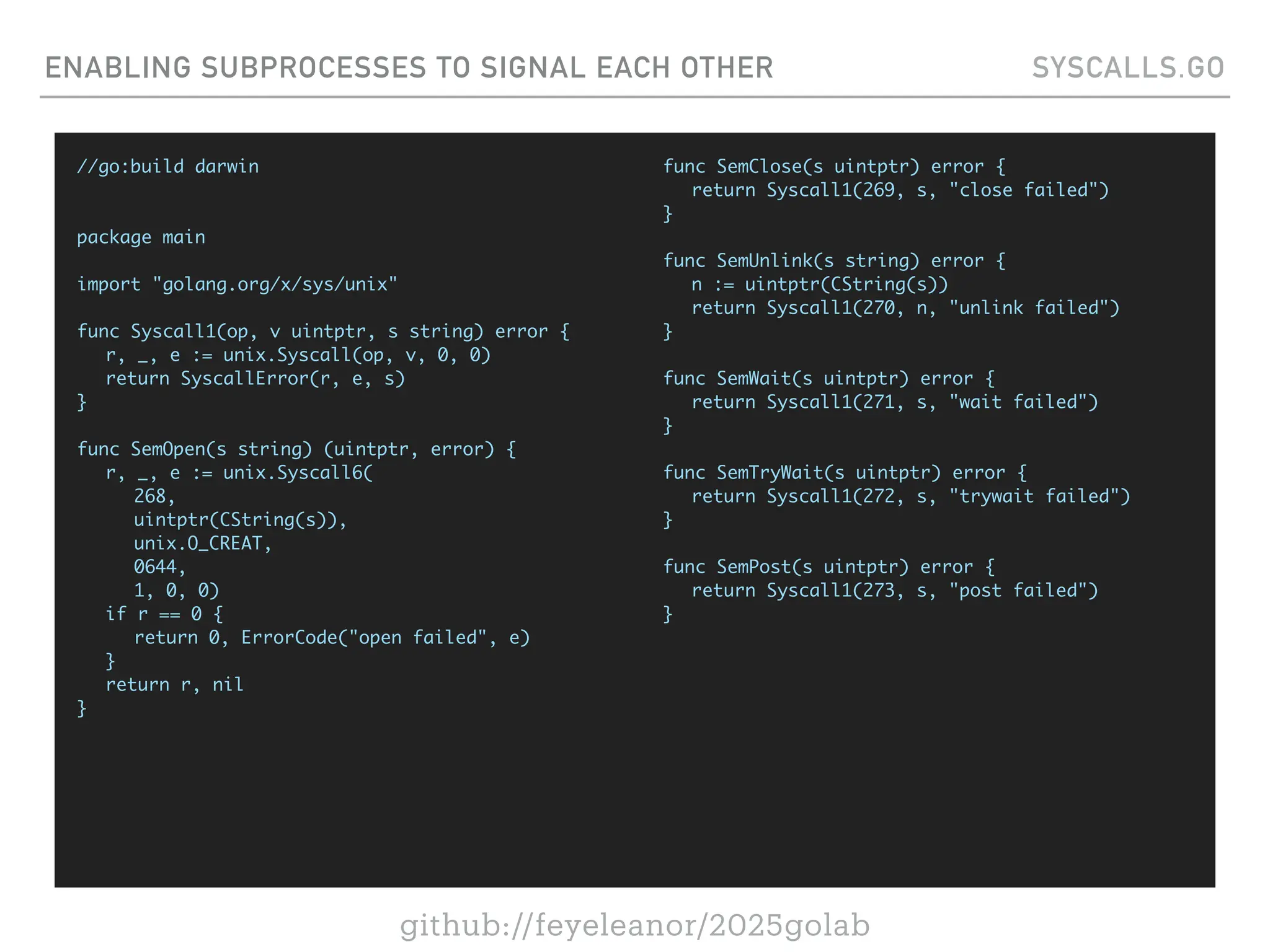 github://feyeleanor/2025golab
ENABLING SUBPROCESSES TO SIGNAL EACH OTHER SYSCALLS.GO
//go:build darwin
package main
import "golang.org/x/sys/unix"
func Syscall1(op, v uintptr, s string) error {
r, _, e := unix.Syscall(op, v, 0, 0)
return SyscallError(r, e, s)
}
func SemOpen(s string) (uintptr, error) {
r, _, e := unix.Syscall6(
268,
uintptr(CString(s)),
unix.O_CREAT,
0644,
1, 0, 0)
if r == 0 {
return 0, ErrorCode("open failed", e)
}
return r, nil
}
func SemClose(s uintptr) error {
return Syscall1(269, s, "close failed")
}
func SemUnlink(s string) error {
n := uintptr(CString(s))
return Syscall1(270, n, "unlink failed")
}
func SemWait(s uintptr) error {
return Syscall1(271, s, "wait failed")
}
func SemTryWait(s uintptr) error {
return Syscall1(272, s, "trywait failed")
}
func SemPost(s uintptr) error {
return Syscall1(273, s, "post failed")
}
 