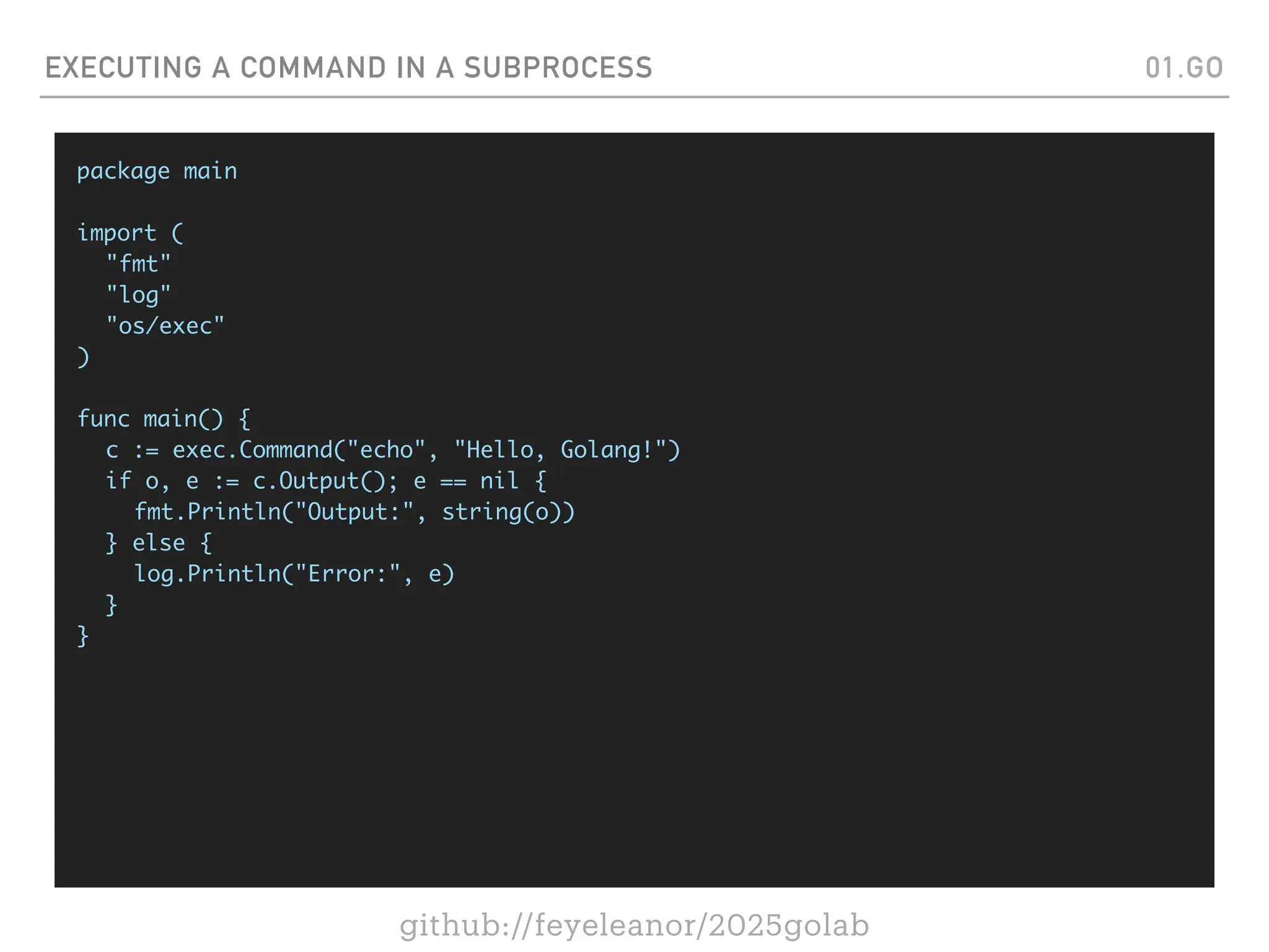 github://feyeleanor/2025golab
EXECUTING A COMMAND IN A SUBPROCESS 01.GO
package main
import (
"fmt"
"log"
"os/exec"
)
func main() {
c := exec.Command("echo", "Hello, Golang!")
if o, e := c.Output(); e == nil {
fmt.Println("Output:", string(o))
} else {
log.Println("Error:", e)
}
}
 
