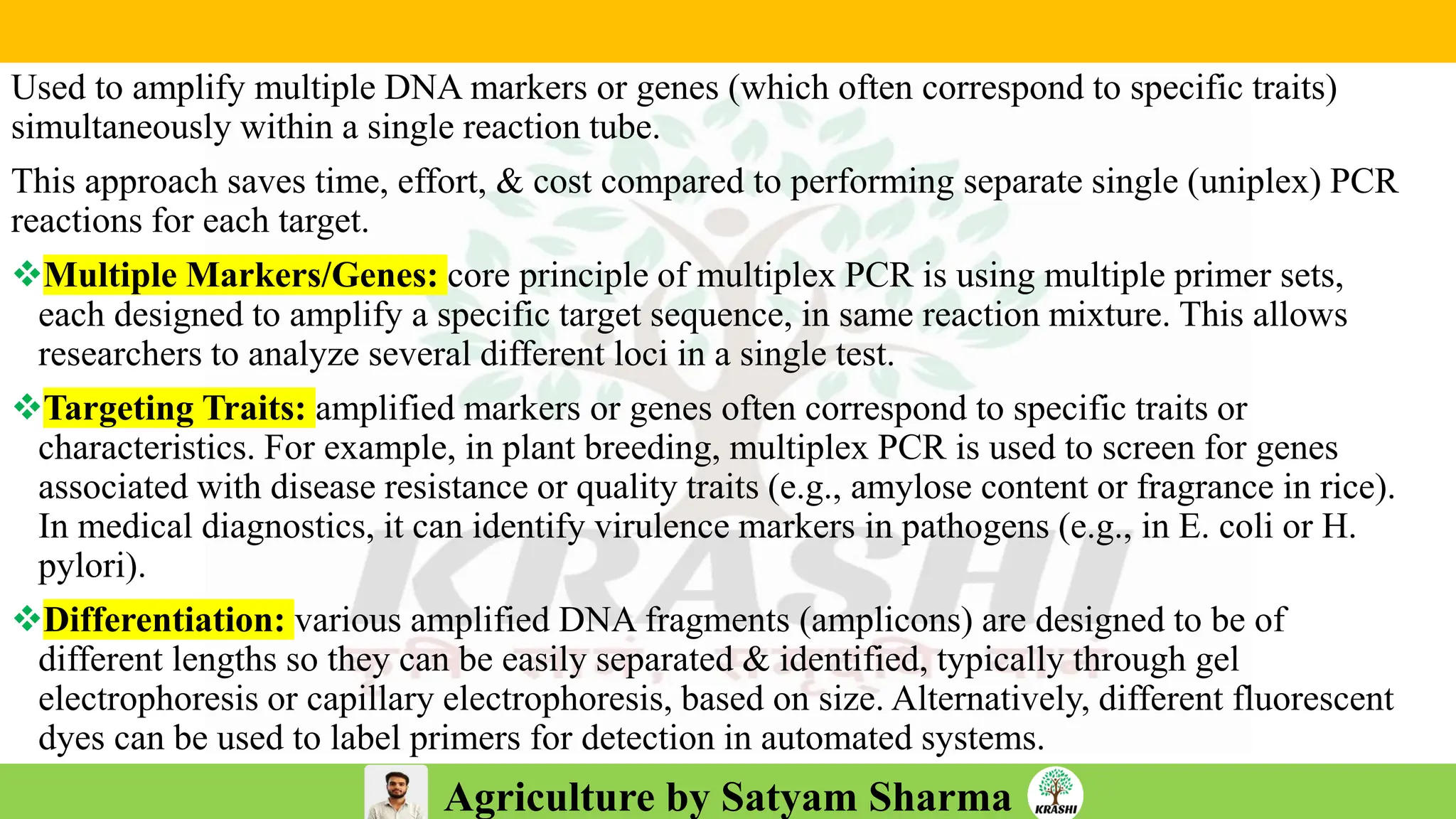 Agriculture by Satyam Sharma
Used to amplify multiple DNA markers or genes (which often correspond to specific traits)
simultaneously within a single reaction tube.
This approach saves time, effort, & cost compared to performing separate single (uniplex) PCR
reactions for each target.
❖Multiple Markers/Genes: core principle of multiplex PCR is using multiple primer sets,
each designed to amplify a specific target sequence, in same reaction mixture. This allows
researchers to analyze several different loci in a single test.
❖Targeting Traits: amplified markers or genes often correspond to specific traits or
characteristics. For example, in plant breeding, multiplex PCR is used to screen for genes
associated with disease resistance or quality traits (e.g., amylose content or fragrance in rice).
In medical diagnostics, it can identify virulence markers in pathogens (e.g., in E. coli or H.
pylori).
❖Differentiation: various amplified DNA fragments (amplicons) are designed to be of
different lengths so they can be easily separated & identified, typically through gel
electrophoresis or capillary electrophoresis, based on size. Alternatively, different fluorescent
dyes can be used to label primers for detection in automated systems.
 