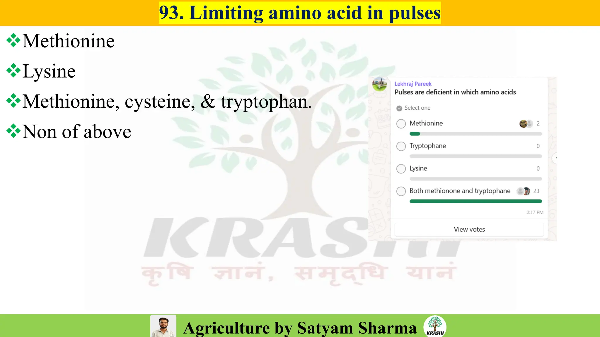 Agriculture by Satyam Sharma
93. Limiting amino acid in pulses
❖Methionine
❖Lysine
❖Methionine, cysteine, & tryptophan.
❖Non of above
 