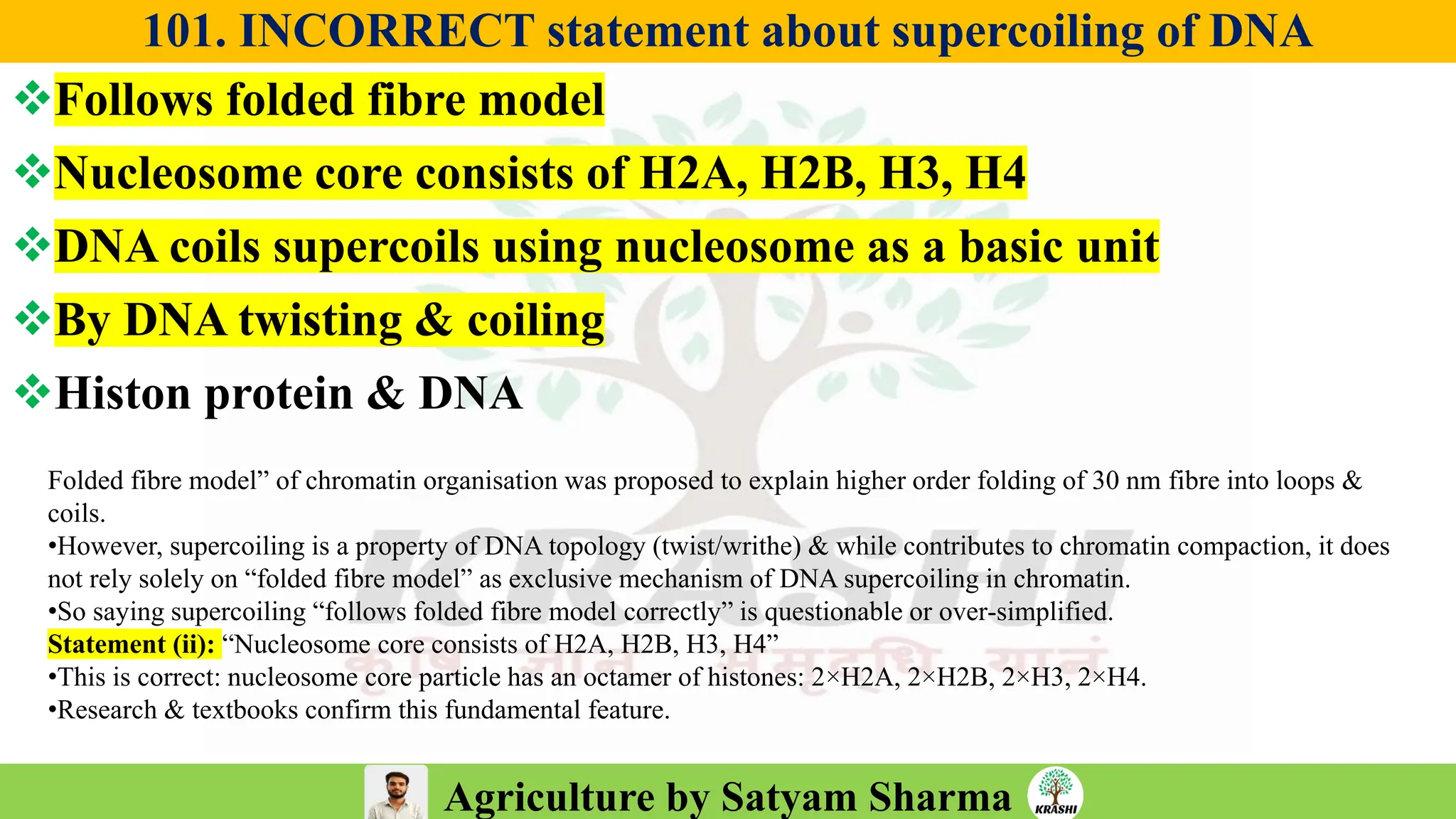 Agriculture by Satyam Sharma
101. INCORRECT statement about supercoiling of DNA
❖Follows folded fibre model
❖Nucleosome core consists of H2A, H2B, H3, H4
❖DNA coils supercoils using nucleosome as a basic unit
❖By DNA twisting & coiling
❖Histon protein & DNA
Folded fibre model” of chromatin organisation was proposed to explain higher order folding of 30 nm fibre into loops &
coils.
•However, supercoiling is a property of DNA topology (twist/writhe) & while contributes to chromatin compaction, it does
not rely solely on “folded fibre model” as exclusive mechanism of DNA supercoiling in chromatin.
•So saying supercoiling “follows folded fibre model correctly” is questionable or over-simplified.
Statement (ii): “Nucleosome core consists of H2A, H2B, H3, H4”
•This is correct: nucleosome core particle has an octamer of histones: 2×H2A, 2×H2B, 2×H3, 2×H4.
•Research & textbooks confirm this fundamental feature.
 