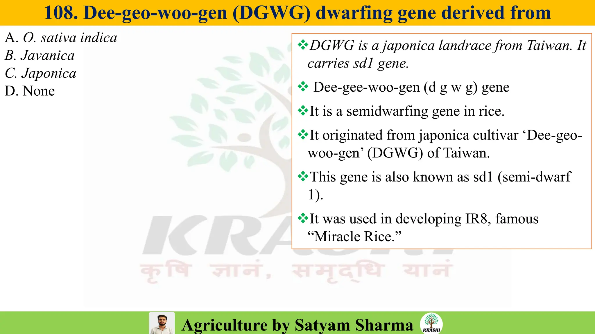 Agriculture by Satyam Sharma
108. Dee-geo-woo-gen (DGWG) dwarfing gene derived from
A. O. sativa indica
B. Javanica
C. Japonica
D. None
❖DGWG is a japonica landrace from Taiwan. It
carries sd1 gene.
❖ Dee-gee-woo-gen (d g w g) gene
❖It is a semidwarfing gene in rice.
❖It originated from japonica cultivar ‘Dee-geo-
woo-gen’ (DGWG) of Taiwan.
❖This gene is also known as sd1 (semi-dwarf
1).
❖It was used in developing IR8, famous
“Miracle Rice.”
 
