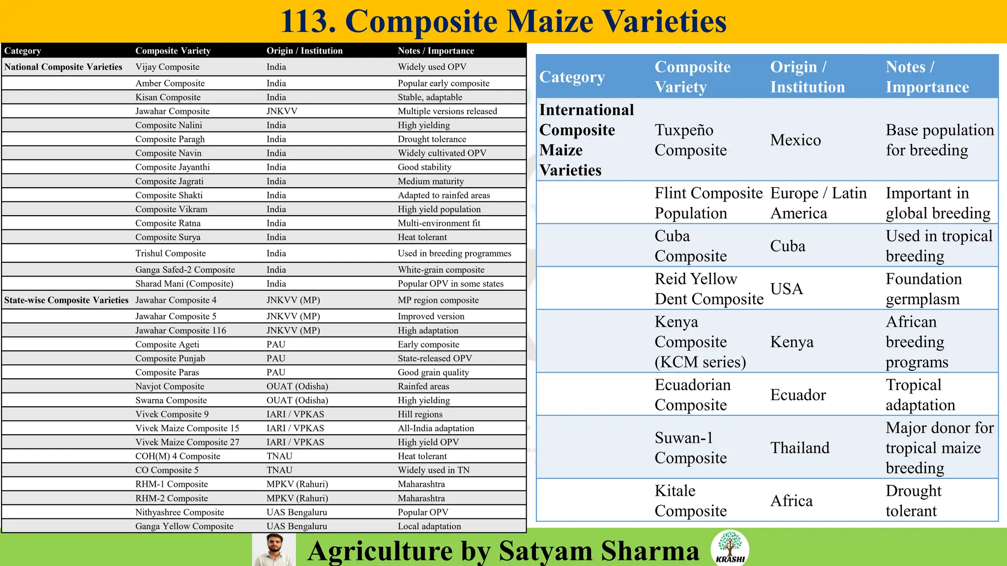 Agriculture by Satyam Sharma
113. Composite Maize Varieties
❖1.
Category Composite Variety Origin / Institution Notes / Importance
National Composite Varieties Vijay Composite India Widely used OPV
Amber Composite India Popular early composite
Kisan Composite India Stable, adaptable
Jawahar Composite JNKVV Multiple versions released
Composite Nalini India High yielding
Composite Paragh India Drought tolerance
Composite Navin India Widely cultivated OPV
Composite Jayanthi India Good stability
Composite Jagrati India Medium maturity
Composite Shakti India Adapted to rainfed areas
Composite Vikram India High yield population
Composite Ratna India Multi-environment fit
Composite Surya India Heat tolerant
Trishul Composite India Used in breeding programmes
Ganga Safed-2 Composite India White-grain composite
Sharad Mani (Composite) India Popular OPV in some states
State-wise Composite Varieties Jawahar Composite 4 JNKVV (MP) MP region composite
Jawahar Composite 5 JNKVV (MP) Improved version
Jawahar Composite 116 JNKVV (MP) High adaptation
Composite Ageti PAU Early composite
Composite Punjab PAU State-released OPV
Composite Paras PAU Good grain quality
Navjot Composite OUAT (Odisha) Rainfed areas
Swarna Composite OUAT (Odisha) High yielding
Vivek Composite 9 IARI / VPKAS Hill regions
Vivek Maize Composite 15 IARI / VPKAS All-India adaptation
Vivek Maize Composite 27 IARI / VPKAS High yield OPV
COH(M) 4 Composite TNAU Heat tolerant
CO Composite 5 TNAU Widely used in TN
RHM-1 Composite MPKV (Rahuri) Maharashtra
RHM-2 Composite MPKV (Rahuri) Maharashtra
Nithyashree Composite UAS Bengaluru Popular OPV
Ganga Yellow Composite UAS Bengaluru Local adaptation
Category
Composite
Variety
Origin /
Institution
Notes /
Importance
International
Composite
Maize
Varieties
Tuxpeño
Composite
Mexico
Base population
for breeding
Flint Composite
Population
Europe / Latin
America
Important in
global breeding
Cuba
Composite
Cuba
Used in tropical
breeding
Reid Yellow
Dent Composite
USA
Foundation
germplasm
Kenya
Composite
(KCM series)
Kenya
African
breeding
programs
Ecuadorian
Composite
Ecuador
Tropical
adaptation
Suwan-1
Composite
Thailand
Major donor for
tropical maize
breeding
Kitale
Composite
Africa
Drought
tolerant
 