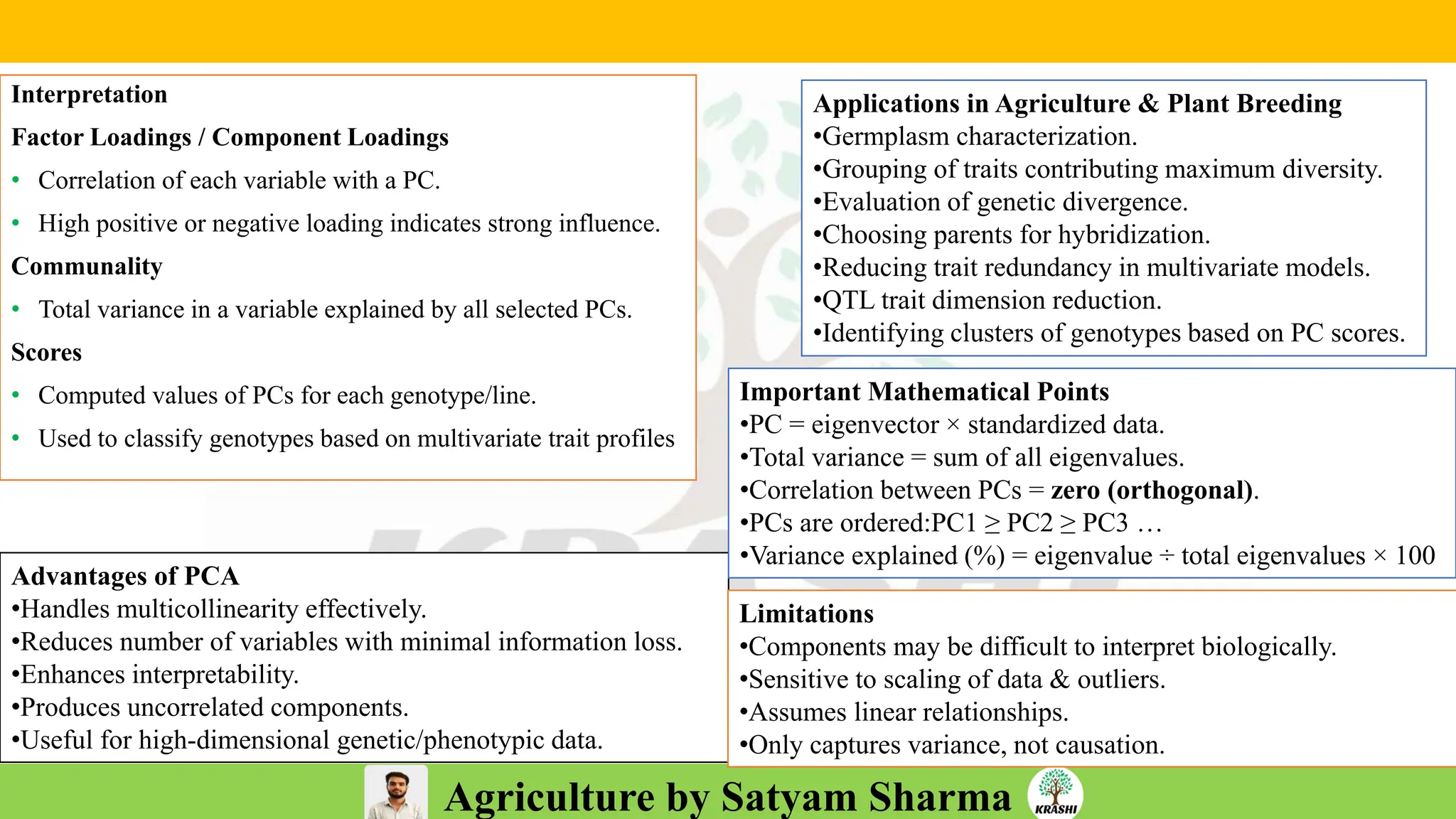 Agriculture by Satyam Sharma
Interpretation
Factor Loadings / Component Loadings
• Correlation of each variable with a PC.
• High positive or negative loading indicates strong influence.
Communality
• Total variance in a variable explained by all selected PCs.
Scores
• Computed values of PCs for each genotype/line.
• Used to classify genotypes based on multivariate trait profiles
Applications in Agriculture & Plant Breeding
•Germplasm characterization.
•Grouping of traits contributing maximum diversity.
•Evaluation of genetic divergence.
•Choosing parents for hybridization.
•Reducing trait redundancy in multivariate models.
•QTL trait dimension reduction.
•Identifying clusters of genotypes based on PC scores.
Advantages of PCA
•Handles multicollinearity effectively.
•Reduces number of variables with minimal information loss.
•Enhances interpretability.
•Produces uncorrelated components.
•Useful for high-dimensional genetic/phenotypic data.
Limitations
•Components may be difficult to interpret biologically.
•Sensitive to scaling of data & outliers.
•Assumes linear relationships.
•Only captures variance, not causation.
Important Mathematical Points
•PC = eigenvector × standardized data.
•Total variance = sum of all eigenvalues.
•Correlation between PCs = zero (orthogonal).
•PCs are ordered:PC1 ≥ PC2 ≥ PC3 …
•Variance explained (%) = eigenvalue ÷ total eigenvalues × 100
 