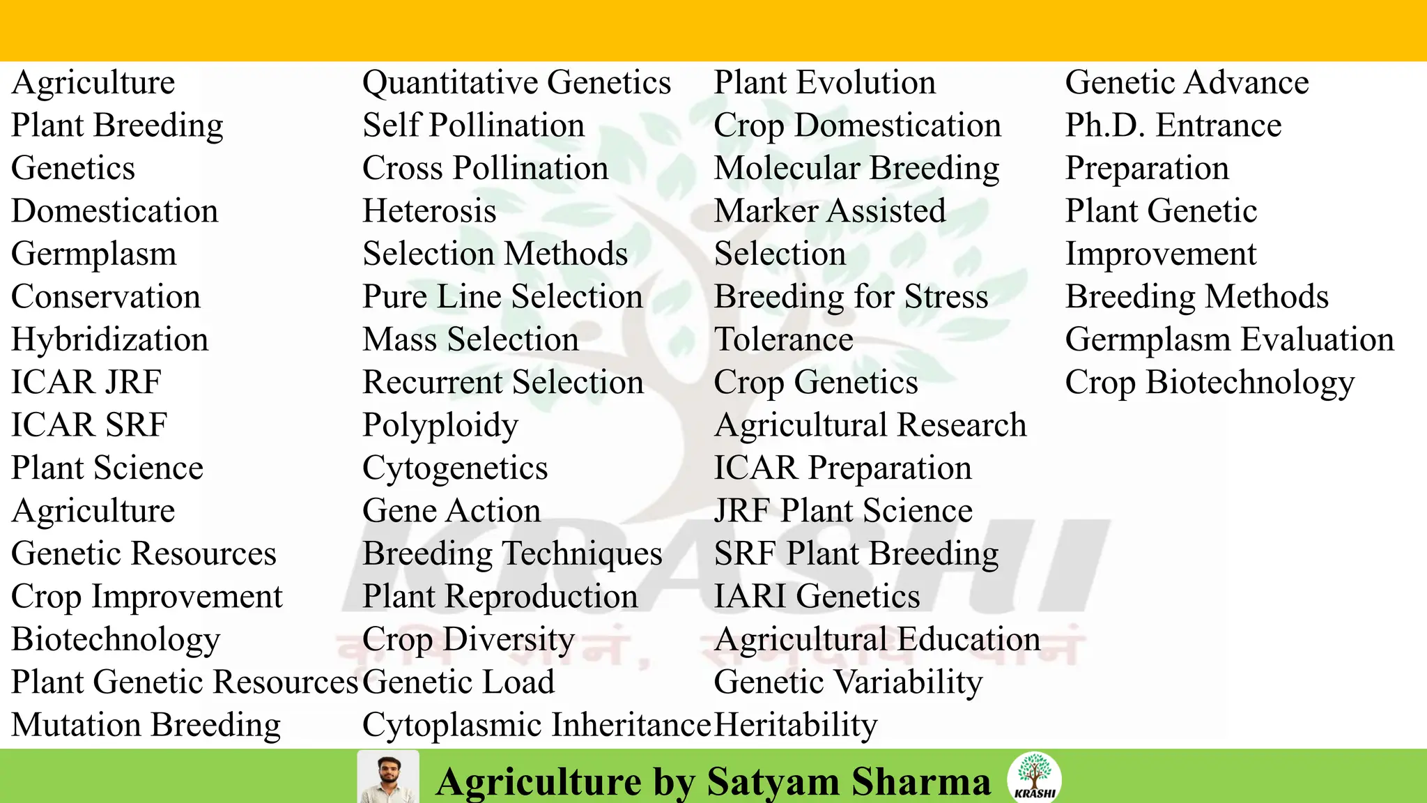 Agriculture by Satyam Sharma
Agriculture
Plant Breeding
Genetics
Domestication
Germplasm
Conservation
Hybridization
ICAR JRF
ICAR SRF
Plant Science
Agriculture
Genetic Resources
Crop Improvement
Biotechnology
Plant Genetic Resources
Mutation Breeding
Quantitative Genetics
Self Pollination
Cross Pollination
Heterosis
Selection Methods
Pure Line Selection
Mass Selection
Recurrent Selection
Polyploidy
Cytogenetics
Gene Action
Breeding Techniques
Plant Reproduction
Crop Diversity
Genetic Load
Cytoplasmic Inheritance
Plant Evolution
Crop Domestication
Molecular Breeding
Marker Assisted
Selection
Breeding for Stress
Tolerance
Crop Genetics
Agricultural Research
ICAR Preparation
JRF Plant Science
SRF Plant Breeding
IARI Genetics
Agricultural Education
Genetic Variability
Heritability
Genetic Advance
Ph.D. Entrance
Preparation
Plant Genetic
Improvement
Breeding Methods
Germplasm Evaluation
Crop Biotechnology
 