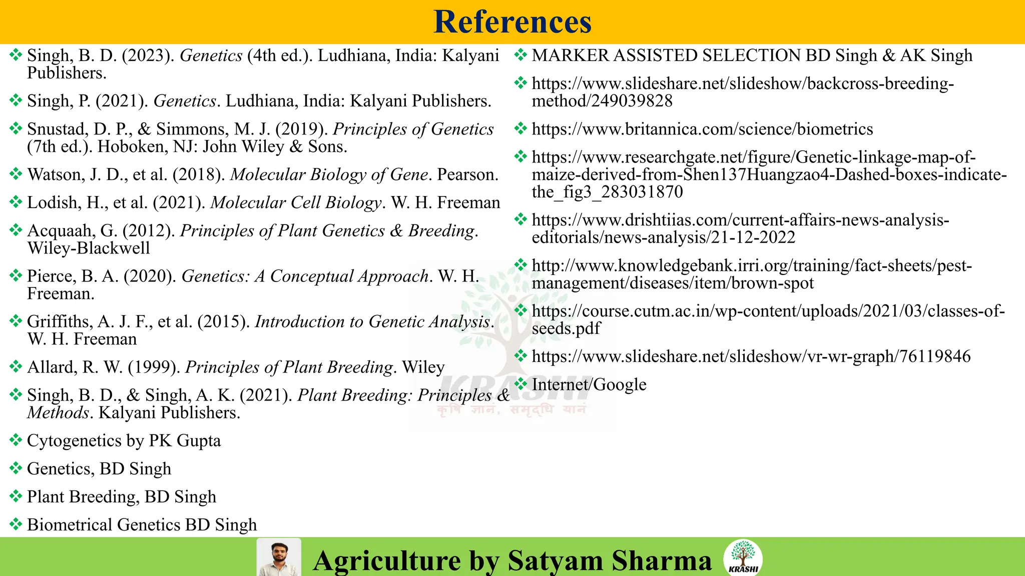Agriculture by Satyam Sharma
References
❖ Singh, B. D. (2023). Genetics (4th ed.). Ludhiana, India: Kalyani
Publishers.
❖ Singh, P. (2021). Genetics. Ludhiana, India: Kalyani Publishers.
❖ Snustad, D. P., & Simmons, M. J. (2019). Principles of Genetics
(7th ed.). Hoboken, NJ: John Wiley & Sons.
❖ Watson, J. D., et al. (2018). Molecular Biology of Gene. Pearson.
❖ Lodish, H., et al. (2021). Molecular Cell Biology. W. H. Freeman
❖ Acquaah, G. (2012). Principles of Plant Genetics & Breeding.
Wiley-Blackwell
❖ Pierce, B. A. (2020). Genetics: A Conceptual Approach. W. H.
Freeman.
❖ Griffiths, A. J. F., et al. (2015). Introduction to Genetic Analysis.
W. H. Freeman
❖ Allard, R. W. (1999). Principles of Plant Breeding. Wiley
❖ Singh, B. D., & Singh, A. K. (2021). Plant Breeding: Principles &
Methods. Kalyani Publishers.
❖ Cytogenetics by PK Gupta
❖ Genetics, BD Singh
❖ Plant Breeding, BD Singh
❖ Biometrical Genetics BD Singh
❖ MARKER ASSISTED SELECTION BD Singh & AK Singh
❖ https://www.slideshare.net/slideshow/backcross-breeding-
method/249039828
❖ https://www.britannica.com/science/biometrics
❖ https://www.researchgate.net/figure/Genetic-linkage-map-of-
maize-derived-from-Shen137Huangzao4-Dashed-boxes-indicate-
the_fig3_283031870
❖ https://www.drishtiias.com/current-affairs-news-analysis-
editorials/news-analysis/21-12-2022
❖ http://www.knowledgebank.irri.org/training/fact-sheets/pest-
management/diseases/item/brown-spot
❖ https://course.cutm.ac.in/wp-content/uploads/2021/03/classes-of-
seeds.pdf
❖ https://www.slideshare.net/slideshow/vr-wr-graph/76119846
❖ Internet/Google
 