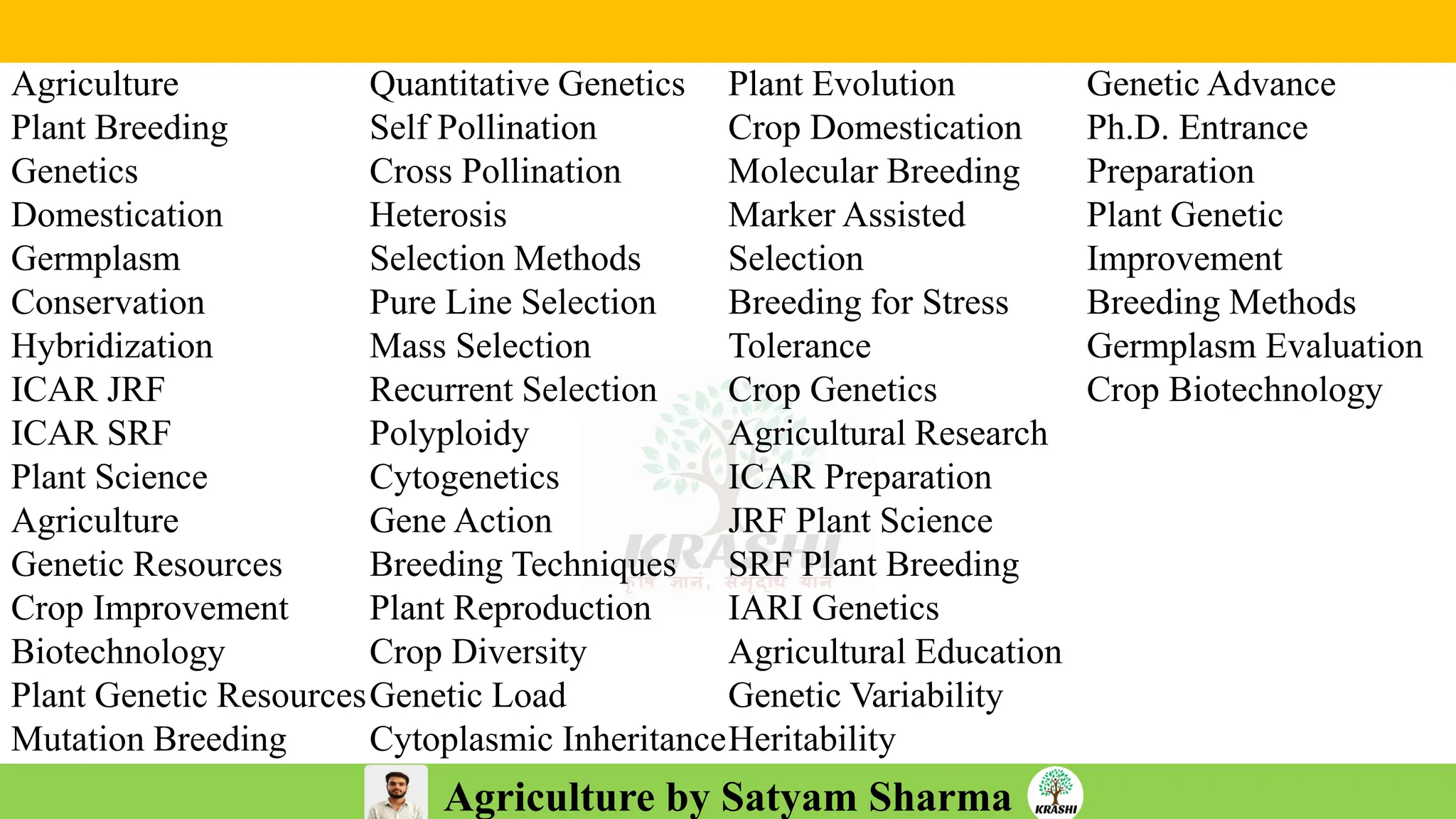 Agriculture by Satyam Sharma
Agriculture
Plant Breeding
Genetics
Domestication
Germplasm
Conservation
Hybridization
ICAR JRF
ICAR SRF
Plant Science
Agriculture
Genetic Resources
Crop Improvement
Biotechnology
Plant Genetic Resources
Mutation Breeding
Quantitative Genetics
Self Pollination
Cross Pollination
Heterosis
Selection Methods
Pure Line Selection
Mass Selection
Recurrent Selection
Polyploidy
Cytogenetics
Gene Action
Breeding Techniques
Plant Reproduction
Crop Diversity
Genetic Load
Cytoplasmic Inheritance
Plant Evolution
Crop Domestication
Molecular Breeding
Marker Assisted
Selection
Breeding for Stress
Tolerance
Crop Genetics
Agricultural Research
ICAR Preparation
JRF Plant Science
SRF Plant Breeding
IARI Genetics
Agricultural Education
Genetic Variability
Heritability
Genetic Advance
Ph.D. Entrance
Preparation
Plant Genetic
Improvement
Breeding Methods
Germplasm Evaluation
Crop Biotechnology
 