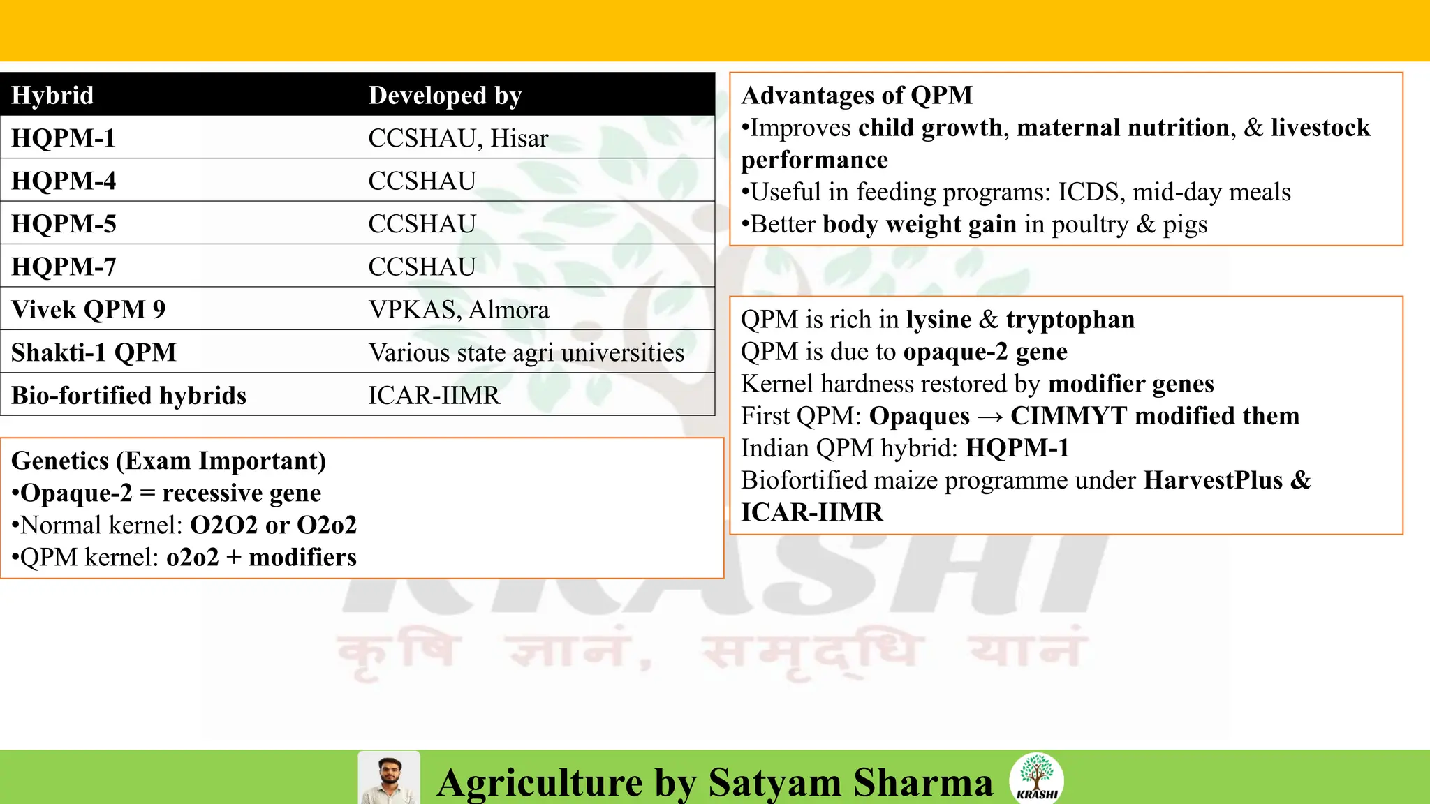 Agriculture by Satyam Sharma
Hybrid Developed by
HQPM-1 CCSHAU, Hisar
HQPM-4 CCSHAU
HQPM-5 CCSHAU
HQPM-7 CCSHAU
Vivek QPM 9 VPKAS, Almora
Shakti-1 QPM Various state agri universities
Bio-fortified hybrids ICAR-IIMR
Advantages of QPM
•Improves child growth, maternal nutrition, & livestock
performance
•Useful in feeding programs: ICDS, mid-day meals
•Better body weight gain in poultry & pigs
Genetics (Exam Important)
•Opaque-2 = recessive gene
•Normal kernel: O2O2 or O2o2
•QPM kernel: o2o2 + modifiers
QPM is rich in lysine & tryptophan
QPM is due to opaque-2 gene
Kernel hardness restored by modifier genes
First QPM: Opaques → CIMMYT modified them
Indian QPM hybrid: HQPM-1
Biofortified maize programme under HarvestPlus &
ICAR-IIMR
 