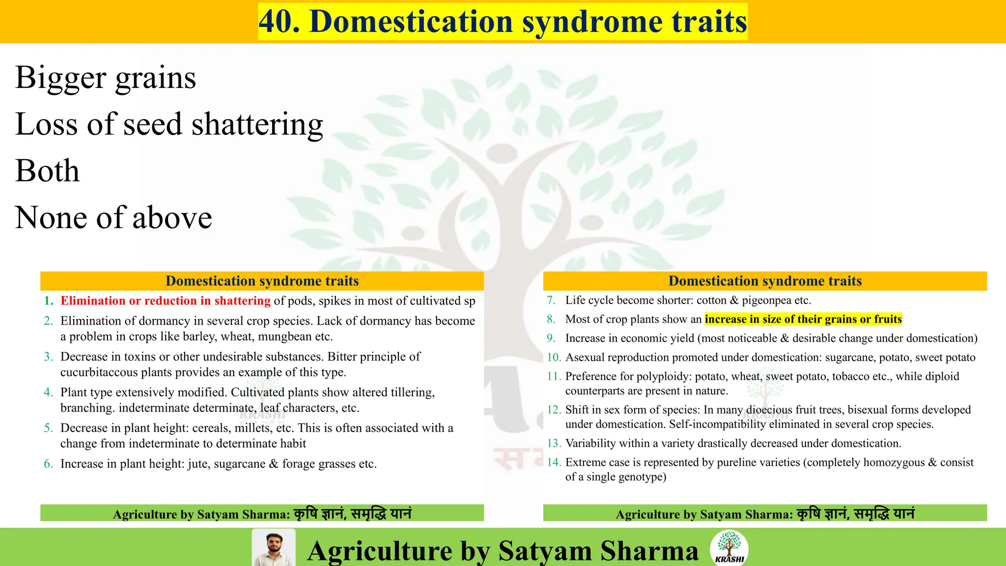 Agriculture by Satyam Sharma
40. Domestication syndrome traits
Bigger grains
Loss of seed shattering
Both
None of above
 