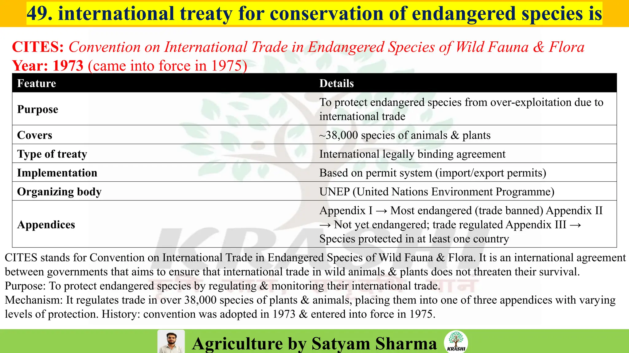 Agriculture by Satyam Sharma
49. international treaty for conservation of endangered species is
Feature Details
Purpose
To protect endangered species from over-exploitation due to
international trade
Covers ~38,000 species of animals & plants
Type of treaty International legally binding agreement
Implementation Based on permit system (import/export permits)
Organizing body UNEP (United Nations Environment Programme)
Appendices
Appendix I → Most endangered (trade banned) Appendix II
→ Not yet endangered; trade regulated Appendix III →
Species protected in at least one country
CITES: Convention on International Trade in Endangered Species of Wild Fauna & Flora
Year: 1973 (came into force in 1975)
CITES stands for Convention on International Trade in Endangered Species of Wild Fauna & Flora. It is an international agreement
between governments that aims to ensure that international trade in wild animals & plants does not threaten their survival.
Purpose: To protect endangered species by regulating & monitoring their international trade.
Mechanism: It regulates trade in over 38,000 species of plants & animals, placing them into one of three appendices with varying
levels of protection. History: convention was adopted in 1973 & entered into force in 1975.
 