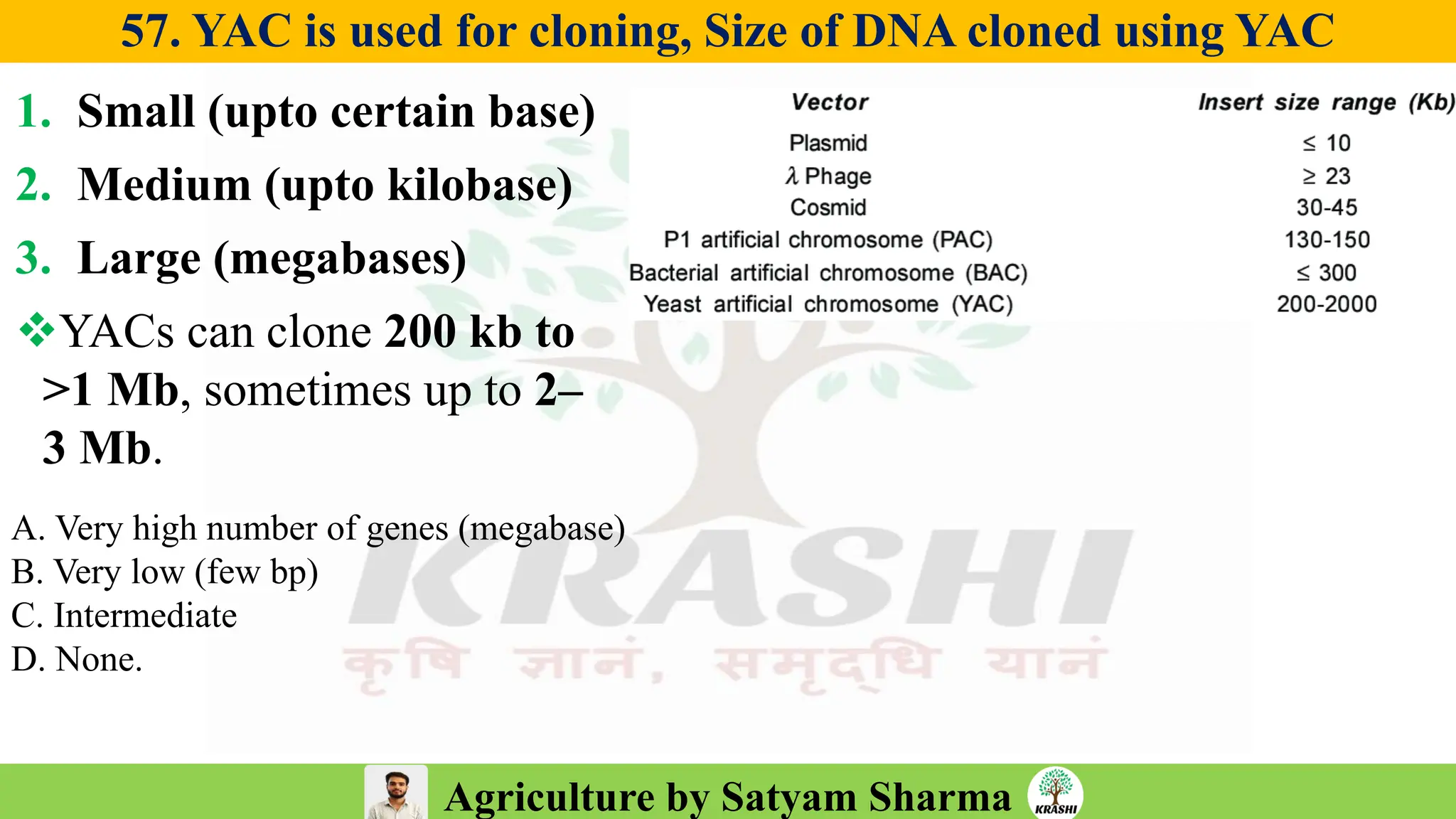 Agriculture by Satyam Sharma
57. YAC is used for cloning, Size of DNA cloned using YAC
1. Small (upto certain base)
2. Medium (upto kilobase)
3. Large (megabases)
❖YACs can clone 200 kb to
>1 Mb, sometimes up to 2–
3 Mb.
A. Very high number of genes (megabase)
B. Very low (few bp)
C. Intermediate
D. None.
 