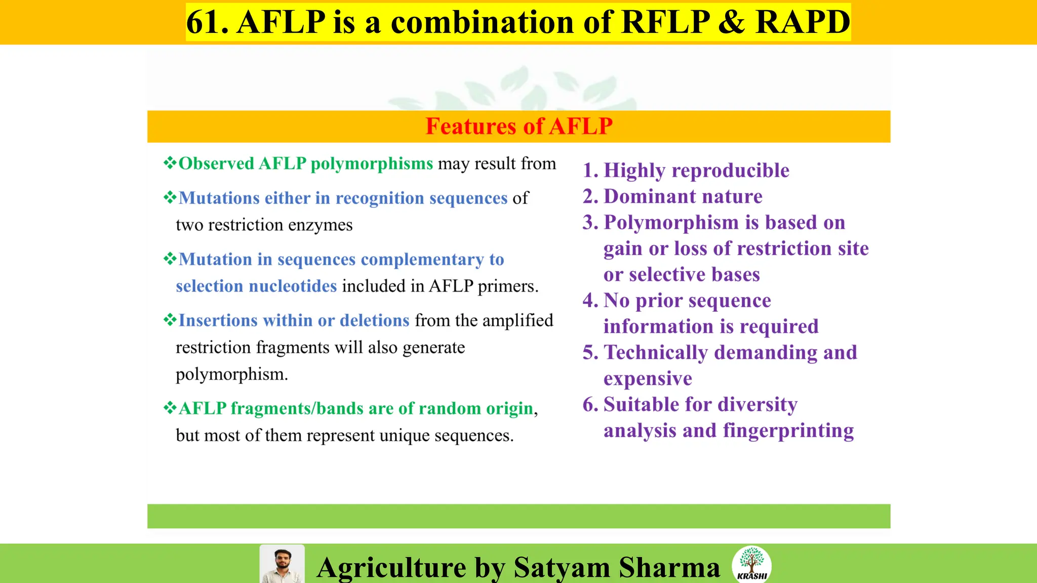 Agriculture by Satyam Sharma
61. AFLP is a combination of RFLP & RAPD
 