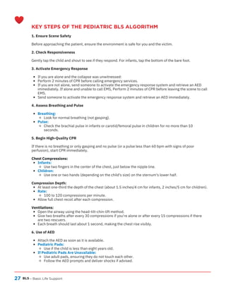 27 BLS – Basic Life Support
KEY STEPS OF THE PEDIATRIC BLS ALGORITHM
1. Ensure Scene Safety
Before approaching the patient, ensure the environment is safe for you and the victim.
2. Check Responsiveness
Gently tap the child and shout to see if they respond. For infants, tap the bottom of the bare foot.
3. Activate Emergency Response
If you are alone and the collapse was unwitnessed:
Perform 2 minutes of CPR before calling emergency services.
If you are not alone, send someone to activate the emergency response system and retrieve an AED
immediately. If alone and unable to call EMS, Perform 2 minutes of CPR before leaving the scene to call
EMS.
Send someone to activate the emergency response system and retrieve an AED immediately.
4. Assess Breathing and Pulse
Breathing:
Look for normal breathing (not gasping).
Pulse:
Check the brachial pulse in infants or carotid/femoral pulse in children for no more than 10
seconds.
5. Begin High-Quality CPR
If there is no breathing or only gasping and no pulse (or a pulse less than 60 bpm with signs of poor
perfusion), start CPR immediately.
Chest Compressions:
Infants:
Use two fingers in the center of the chest, just below the nipple line.
Children:
Use one or two hands (depending on the child's size) on the sternum's lower half.
Compression Depth:
At least one-third the depth of the chest (about 1.5 inches/4 cm for infants, 2 inches/5 cm for children).
Rate:
100 to 120 compressions per minute.
Allow full chest recoil after each compression.
Ventilations:
Open the airway using the head-tilt-chin-lift method.
Give two breaths after every 30 compressions if you're alone or after every 15 compressions if there
are two rescuers.
Each breath should last about 1 second, making the chest rise visibly.
6. Use of AED
Attach the AED as soon as it is available.
Pediatric Pads:
Use if the child is less than eight years old.
If Pediatric Pads Are Unavailable:
Use adult pads, ensuring they do not touch each other.
Follow the AED prompts and deliver shocks if advised.
 