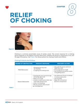 40 BLS
DEGREE OF OBSTRUCTION PERSON’S RESPONSE RESCUER’S ACTION
– Basic Life Support
Mild Obstruction
Severe Obstruction
Choking is a common preventable cause of cardiac arrest. The correct response for a choking
person depends on the degree of airway obstruction, whether the person is responsive or not, and
the age of the person. See Table 3 for rescue actions for choking in adult and children.
Choking In Adults And Children
• Breathing but may also
be wheezing
• Coughing and making noise
• Clutching the neck (universal sign
of choking: figure 15)
• Weak or no cough
• Unable to make noise or talk; may
make high-pitched noise
• Little or no breathing
• May be cyanotic (blue around
lips and fingertips)
• Stay with the person and try to
keep them calm
• Encourage them to cough
• Call 911/EMS if the person seems
to be getting worse
• Use abdominal thrusts to attempt
to remove obstruction
• Call 911/EMS
• Begin BLS if the person
becomes unresponsive
Figure 15
Table 3
RELIEF
OF CHOKING
CHAPTER
8
 