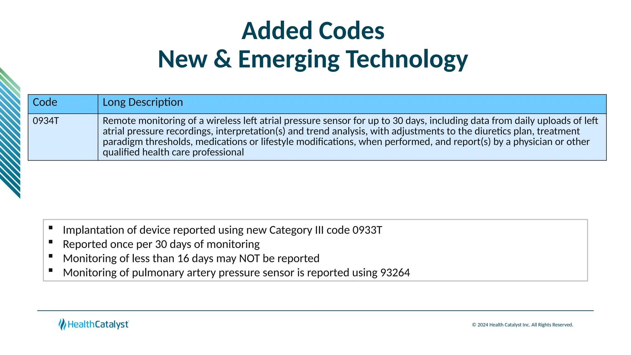 © 2024 Health Catalyst Inc. All Rights Reserved.
Added Codes
New & Emerging Technology
Code Long Description
0934T Remote monitoring of a wireless left atrial pressure sensor for up to 30 days, including data from daily uploads of left
atrial pressure recordings, interpretation(s) and trend analysis, with adjustments to the diuretics plan, treatment
paradigm thresholds, medications or lifestyle modifications, when performed, and report(s) by a physician or other
qualified health care professional
 Implantation of device reported using new Category III code 0933T
 Reported once per 30 days of monitoring
 Monitoring of less than 16 days may NOT be reported
 Monitoring of pulmonary artery pressure sensor is reported using 93264
 