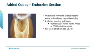 © 2024 Health Catalyst Inc. All Rights Reserved.
Added Codes – Endocrine Section
 Uses radio waves to create heat to
reduce the size of thyroid nodules
 Includes imaging guidance
 Do NOT report 76940, 76942, 77013,
or 77022 with these codes
 For laser ablation, see 0673T
 