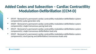 © 2024 Health Catalyst Inc. All Rights Reserved.
Added Codes and Subsection – Cardiac Contractility
Modulation-Defibrillation (CCM-D)
 0919T - Removal of a permanent cardiac contractility modulation-defibrillation system
component(s); pulse generator only
 0920T - Removal of a permanent cardiac contractility modulation-defibrillation system
component(s); single transvenous pacing lead only
 0921T - Removal of a permanent cardiac contractility modulation-defibrillation system
component(s); single transvenous defibrillation lead only
 0922T - Removal of a permanent cardiac contractility modulation-defibrillation system
component(s); dual (pacing and defibrillation) transvenous leads only
 