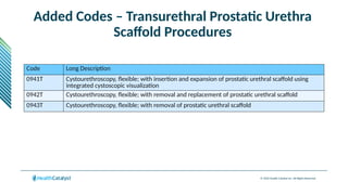 © 2024 Health Catalyst Inc. All Rights Reserved.
Added Codes – Transurethral Prostatic Urethra
Scaffold Procedures
Code Long Description
0941T Cystourethroscopy, flexible; with insertion and expansion of prostatic urethral scaffold using
integrated cystoscopic visualization
0942T Cystourethroscopy, flexible; with removal and replacement of prostatic urethral scaffold
0943T Cystourethroscopy, flexible; with removal of prostatic urethral scaffold
• For permanent urethral stent, see 52282
• For temporary prostatic urethral stent, see 53855
 