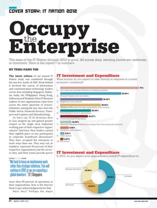 Cover Story: It NatIoN 2012



Occupy
 the
Enterprise
The state of the IT Nation through 2012 is good. All across Asia, exciting moves are underway
or imminent. Here is the report—in numbers.
BY TENG FANG YIH

The latest edition of our annual IT             IT Investment and Expenditure
Nation study was conducted through              What actions do you expect to take directly in response to current
the last few weeks of 2011. Work behind         economic conditions?
it involved the survey of information
                                                                                                                                             75%
and communication technology leaders
                                                1)   Cut costs and optimise efficiency of existing systems
across Asia, including Singapore, Malay-
                                                                                                                       58.05%
sia, India, the Philippines, Hong Kong,         2)   [Foster/Create] more innovation.
Indonesia and Thailand. These IT decision                                                           40.25%
makers of user organisations came from          3)   Implement new projects.
across the entire spectrum of sectors/                                                             38.56%
industries; among the key ones were the         4)   [Establish/Maintain] stronger partnership with vendors.
Public Sector, Financial Services, Trans-                                              29.24%
                                                5)   Restructure IT service agreements.
port and Logistics and Manufacturing.
                                                                                    26.27%
    So have our IT/IS divisions here            6)   Outsource more IT functions.
in Asia stepped up and gained greater                             10.59%
respect as the single most important            7)   Reinstate hardware/software purchases that were previously deferred.
working part of their respective organi-                      8.05%
sations? And have their leaders earned          8)   Decrease staff numbers.
their rightful place as key participants                 3.81%
                                                9)   Other action.
in corporate boardroom discussions?
                                                        2.97%
They have occupied the enterprise in            10) No action.
more ways than one. They may not, in
numbers, represent 99 percent of their
respective organisations, but the servic-
es they and their teams provide power           IT Investment and Expenditure
                                                In 2012, do you expect your organisation’s overall IT expenditure to:

“We tend to focus on maintenance work
 rather than strategic initiatives. This will
 continue in 2012 as we are expecting a                   Remain the same
                                                                                30.08%

 global downturn.” (IT) Singapore                                                                        50.85%             Increase

more than 99 percent of operations at
their organisations. Now is the time for                  Decrease
                                                                                    19.07%
them to get acknowledgement for that.
   Have they? Perhaps the major



01   March–april 2012                                                                                                                  www.mis-asia.com
 