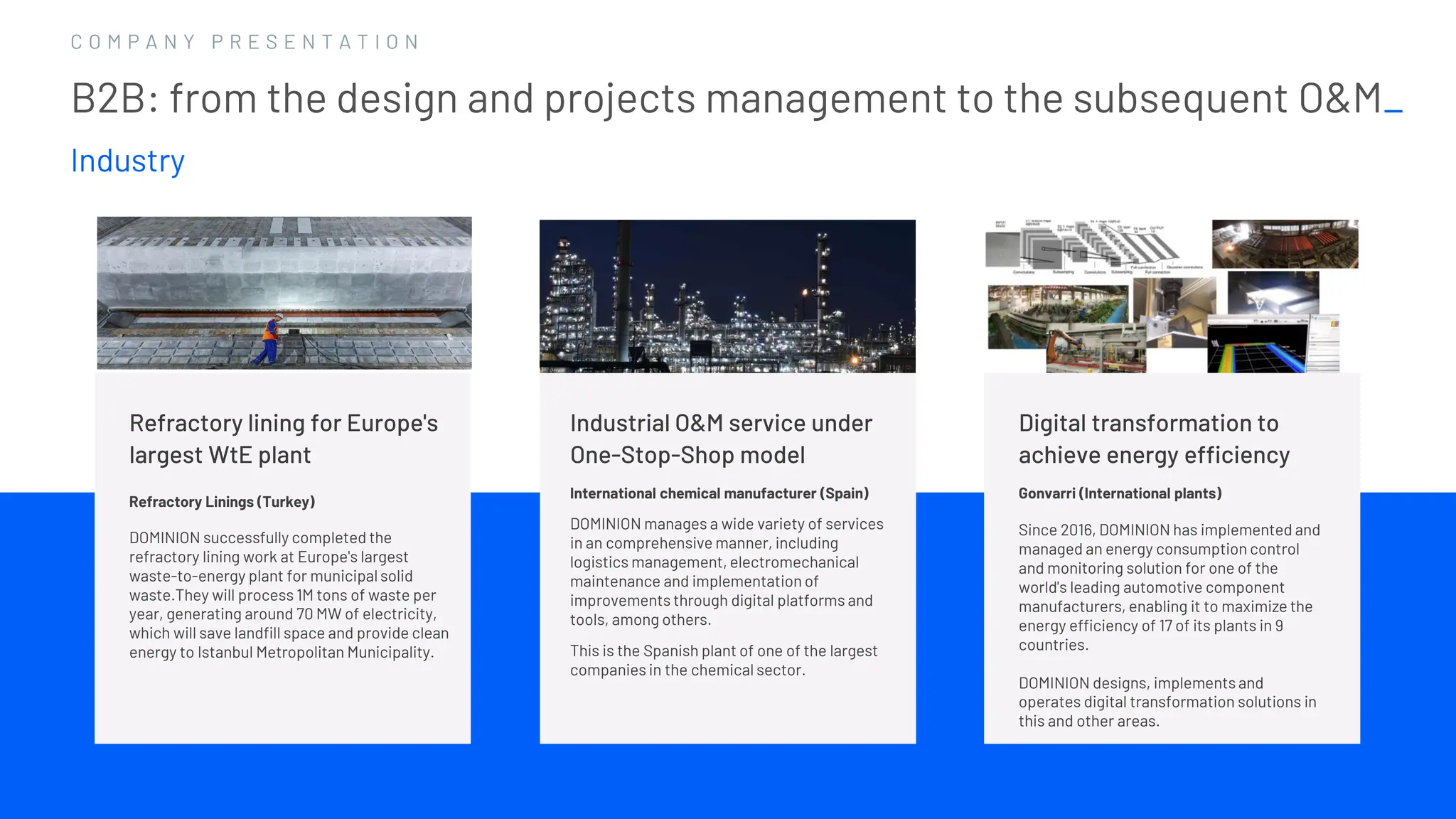 1 3
1 3
C O M P A N Y P R E S E N T A T I O N
B2B: from the design and projects management to the subsequent O&M_
Industry
Refractory lining for Europe's
largest WtE plant
Refractory Linings (Turkey)
DOMINION successfully completed the
refractory lining work at Europe's largest
waste-to-energy plant for municipal solid
waste.They will process 1M tons of waste per
year, generating around 70 MW of electricity,
which will save landfill space and provide clean
energy to Istanbul Metropolitan Municipality.
Industrial O&M service under
One-Stop-Shop model
International chemical manufacturer (Spain)
DOMINION manages a wide variety of services
in an comprehensive manner, including
logistics management, electromechanical
maintenance and implementation of
improvements through digital platforms and
tools, among others.
This is the Spanish plant of one of the largest
companies in the chemical sector.
Digital transformation to
achieve energy efficiency
Gonvarri (International plants)
Since 2016, DOMINION has implemented and
managed an energy consumption control
and monitoring solution for one of the
world's leading automotive component
manufacturers, enabling it to maximize the
energy efficiency of 17 of its plants in 9
countries.
DOMINION designs, implements and
operates digital transformation solutions in
this and other areas.
 