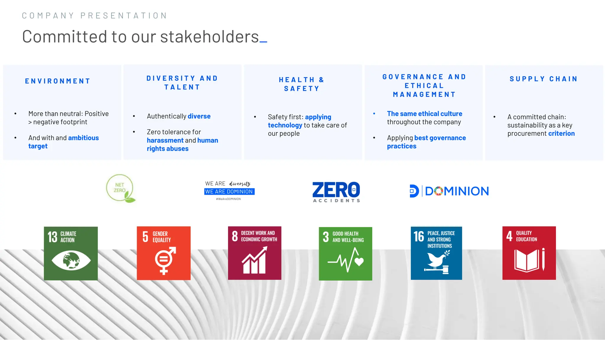 7
7
E N V I R O N M E N T D I V E R S I T Y A N D
T A L E N T
H E A L T H &
S A F E T Y
G O V E R N A N C E A N D
E T H I C A L
M A N A G E M E N T
S U P P L Y C H A I N
• More than neutral: Positive
> negative footprint
• And with and ambitious
target
• Authentically diverse
• Zero tolerance for
harassment and human
rights abuses
• Safety first: applying
technology to take care of
our people
• The same ethical culture
throughout the company
• Applying best governance
practices
• A committed chain:
sustainability as a key
procurement criterion
Committed to our stakeholders_
C O M P A N Y P R E S E N T A T I O N
 