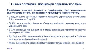 Оцінка організації процедури перетину кордону
18
Організацію перетину кордону з українського боку респонденти
оцінили більш високо, ніж аналогічну процедуру з іноземного боку
• Середня оцінка організації перетину кордону з українського боку склала
3,7, з іноземного боку 3,4
• 38,6% респондентів оцінили на п’ятірку організацію перетину кордону з
українського боку
• 31,7% респондентів оцінили на п’ятірку організацію перетину кордону з
боку суміжної країни
• Від 20% до 25% респондентів оцінили перетин кордону з обох боків на
одиницю та двійку (найнижчі оцінки)
• Жінки оцінили організацію перетину кордону більш високо, ніж чоловіки
 