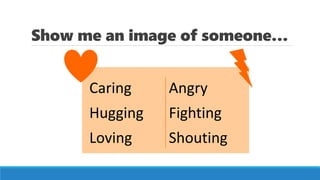 Show me an image of someone…
Caring
Hugging
Loving
Angry
Fighting
Shouting
 