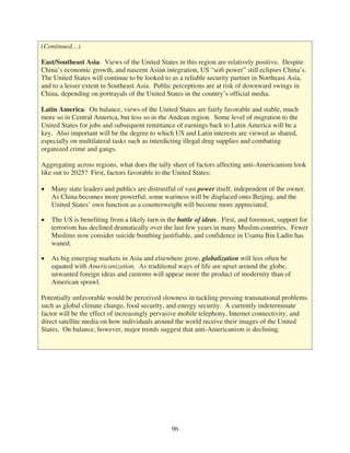 (Continued…)

East/Southeast Asia: Views of the United States in this region are relatively positive. Despite
China’s economic growth, and nascent Asian integration, US “soft power” still eclipses China’s.
The United States will continue to be looked to as a reliable security partner in Northeast Asia,
and to a lesser extent in Southeast Asia. Public perceptions are at risk of downward swings in
China, depending on portrayals of the United States in the country’s official media.

Latin America: On balance, views of the United States are fairly favorable and stable, much
more so in Central America, but less so in the Andean region. Some level of migration to the
United States for jobs and subsequent remittance of earnings back to Latin America will be a
key. Also important will be the degree to which US and Latin interests are viewed as shared,
especially on multilateral tasks such as interdicting illegal drug supplies and combating
organized crime and gangs.

Aggregating across regions, what does the tally sheet of factors affecting anti-Americanism look
like out to 2025? First, factors favorable to the United States:

   Many state leaders and publics are distrustful of vast power itself, independent of the owner.
   As China becomes more powerful, some wariness will be displaced onto Beijing, and the
   United States’ own function as a counterweight will become more appreciated.

   The US is benefiting from a likely turn in the battle of ideas. First, and foremost, support for
   terrorism has declined dramatically over the last few years in many Muslim countries. Fewer
   Muslims now consider suicide bombing justifiable, and confidence in Usama Bin Ladin has
   waned.

   As big emerging markets in Asia and elsewhere grow, globalization will less often be
   equated with Americanization. As traditional ways of life are upset around the globe,
   unwanted foreign ideas and customs will appear more the product of modernity than of
   American sprawl.

Potentially unfavorable would be perceived slowness in tackling pressing transnational problems
such as global climate change, food security, and energy security. A currently indeterminate
factor will be the effect of increasingly pervasive mobile telephony, Internet connectivity, and
direct satellite media on how individuals around the world receive their images of the United
States. On balance, however, major trends suggest that anti-Americanism is declining.




                                               96
 