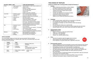 129
TEXTILE BLENDS
For a more durable, cheaper end product with improved properties, fibres are blended/
mixed to create textile blends (e.g., polyester-cotton, cotton-nylon, wool blends) which can be used
for clothing and soft furnishings.
Textile Uses
Polyester
cotton
 Clothes Bedding & Table Linen
 Curtains Upholstery
Cotton
nylon
 Underwear Socks
 Windbreaker Commercial fabric in the avionic
and construction industry
Wool
blends
 Winter clothes / sweaters Jackets / coats
 Carpets Socks
NATURAL FIBRES USES CARE AND MAINTENANCE
Cotton  Used for garments and
soft furnishing
 To quilt with
Special finishes to make it crease resistant and
reduce ironing
Washed in machine
Can with stand high temperatures
Can be Tumble dried
Ironed on hot
Easier to iron when it is damped
Linen (flax)  Suitable for summer
suits and trousers
 Table linen
Can be washed at high temperature
Iron on hot, while fabric it still damp
Expensive clothes must be dry-cleaned
Wool  Winter garments
 Curtains
 Drapes
 Blankets
Not easy to care for.
Must be laundered carefully
Gentle hand-washed in warm water
Avoid hot water to shrink the fibre
Do not rub – will twist/mat the fibres together
Dry woollen garments flat, do not hang them
Expensive garments should be dry-cleaned
Silk  Garments for special
occasions
 Scarves
 Curtains
 Soft Furnishing
Only hand washed with mild soap.
Do not wring out
Hang up silk items to dry carefully – in the shade
and not direct sunlight
Iron – low temperature while damp
Expensive silk garments should be dry-cleaned
Bamboo  Underwear
 Surgical cloths
 Masks
 Bandages
Can be washed in a machine
Will withstand high temperature
Can be ironed on hot setting
130
THE CHOICE OF TEXTILES
Factors to consider when choosing textiles include the following in:
1. Fashion
• fashion determines what textures, colours, designs
and types of textiles are used at a given time
• look at the existing fashion trends and decide
whether the that are in fashion will be a good
choice for your needs
• consider your lifestyle and circumstances before
choosing the fabrics that are in fashion
• fashion is not equally important for all
people, but our choices are influenced by fashion.
2. Suitability
• when choosing textiles, decide what your expectation is of the item
• for a beautiful look, look at texture, colour, and style
• for durability and strength, you look at the fibre content and weaving
techniques
• for care instruction make sure to read the label
• the climate also plays a role, because for summer textiles like linen and cotton
must be chosen as it is cool, wool in winter will provide the needed heat
3. Characteristics of fibre
Choose fabrics that are:
• easily to care for, e.g., plant and synthetic fibres
• cheap, e.g., regenerate fibres
• cool to wear, e.g., plant fibres
• durable, e.g., synthetic polymer fibres
4. Price
• the price of a garment, plays the biggest role in its choice
• when buying an item that should last a long time, it is
more important to buy good quality items, regardless of the price
5. Environmental concerns
• people nowadays are very environmentally conscious which influences their choices
regarding textiles fibres that cause little damage to the environment are preferred
• the hazardous chemicals used in the production of synthetic and
regenerate fibres can end up in dams and rivers and pollute drinking water
• the cotton production uses large amounts of water, pesticides and fertilizers that
cause pollution and therefore threaten the natural resources as well as
the environment
• during the production of regenerated bamboo and lyocell fibres, water and chemicals
are recycled in the production system
• Organic fibres do not have such a detrimental effect on the environment
• consumers must reduce, reuse, or recycle the use of textiles.
 