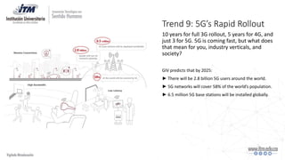 Trend 9: 5G’s Rapid Rollout
10 years for full 3G rollout, 5 years for 4G, and
just 3 for 5G. 5G is coming fast, but what does
that mean for you, industry verticals, and
society?
GIV predicts that by 2025:
► There will be 2.8 billion 5G users around the world.
► 5G networks will cover 58% of the world’s population.
► 6.5 million 5G base stations will be installed globally.
 