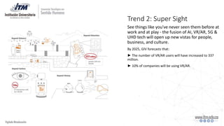 Trend 2: Super Sight
See things like you've never seen them before at
work and at play - the fusion of AI, VR/AR, 5G &
UHD tech will open up new vistas for people,
business, and culture.
By 2025, GIV forecasts that:
► The number of VR/AR users will have increased to 337
million.
► 10% of companies will be using VR/AR.
 